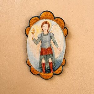 Hand-Painted Guardian Angel Folk Art Plaque Wood Wall Hanging
